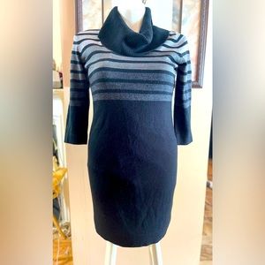 Sandra Darren Sweater Dress Grey & Black Striped 3/4 Sleeve Cowl Neck Womens XLG